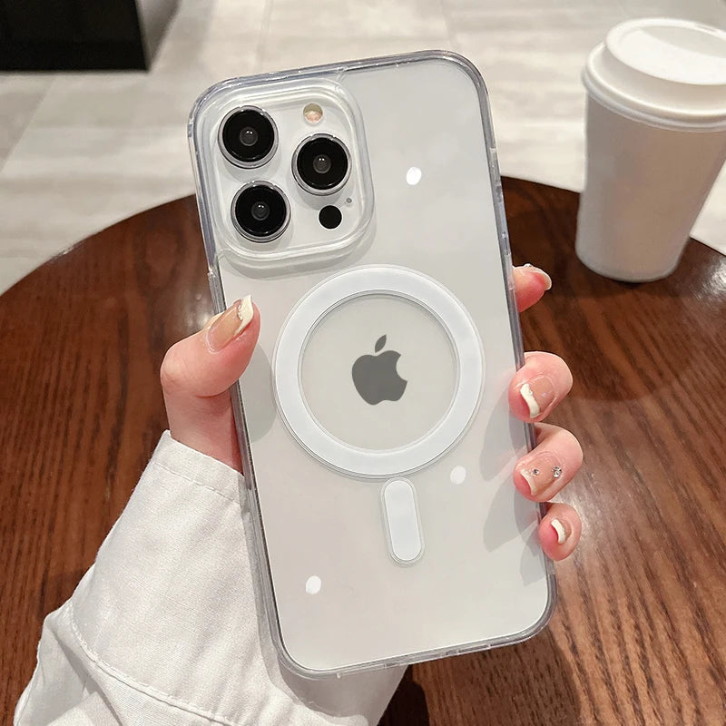 Clear MagSafe-compatible transparent phone case with raised charging ring and camera cutouts