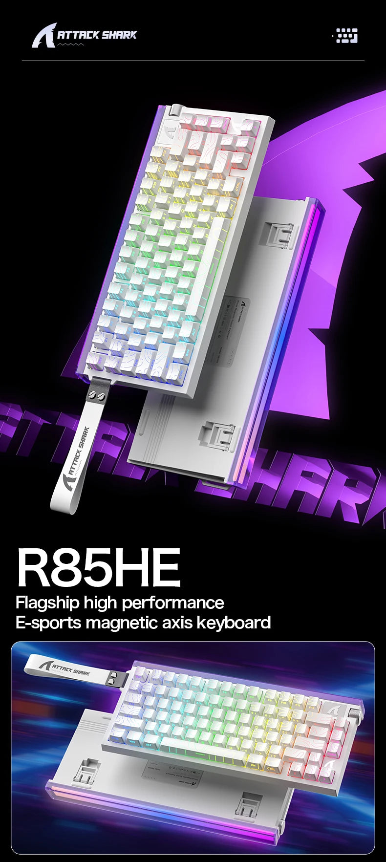 White mechanical gaming keyboard with RGB backlit keycaps and highlighted keys
