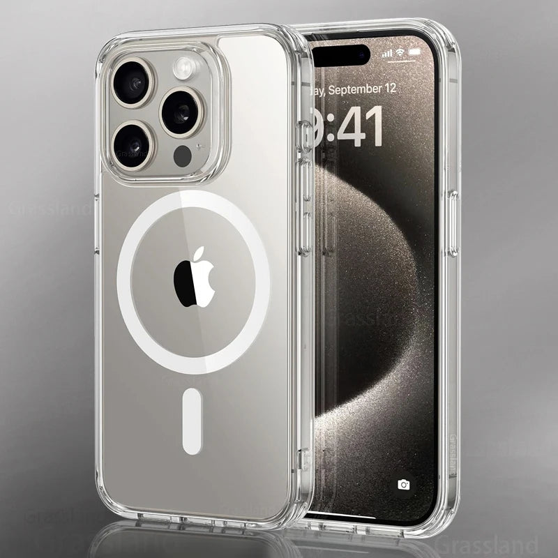Transparent iPhone MagSafe wireless charging case with circular ring and camera cutouts