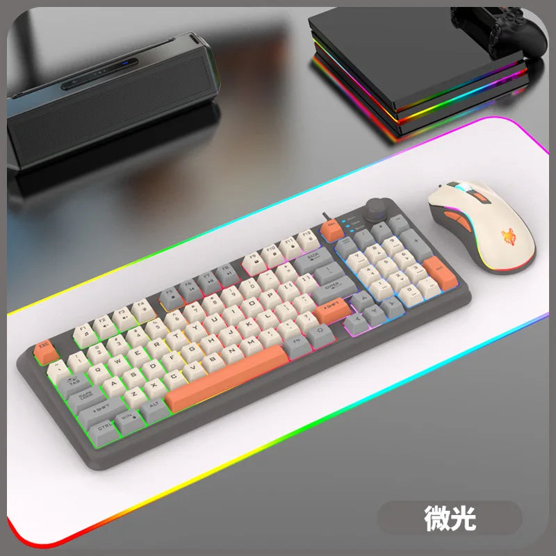 90% layout RGB keyboard with white keycaps and green/orange backlighting, right volume knob