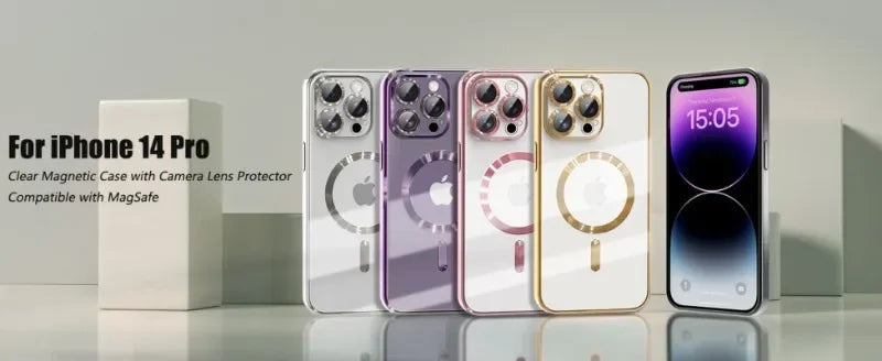 Set of clear magnetic wireless charge iPhone cases with camera lens protectors in multiple colors