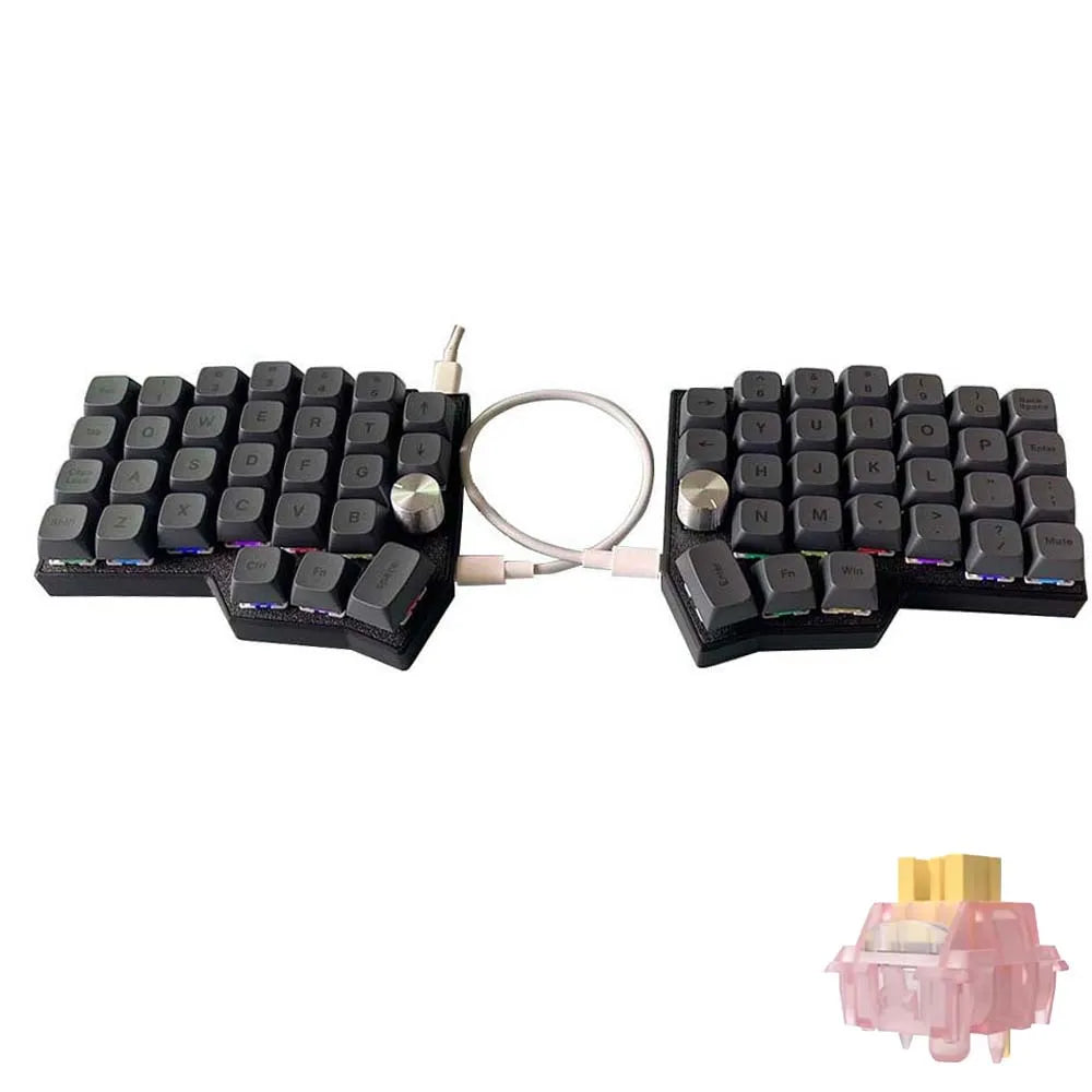 Split ergonomic keyboard with dark keycaps, two knob modules, and connected cable