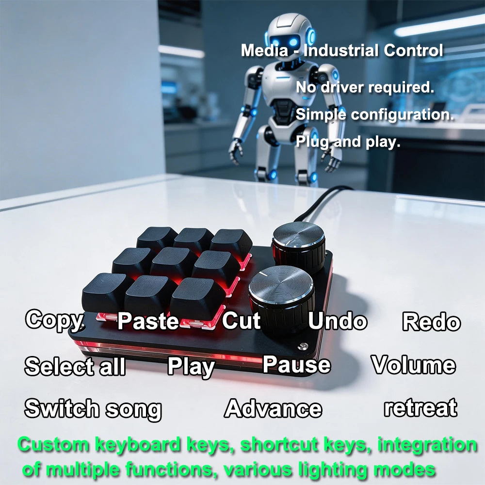 9-key macro keyboard with dual metal knobs and dark keys, RGB-lit accents