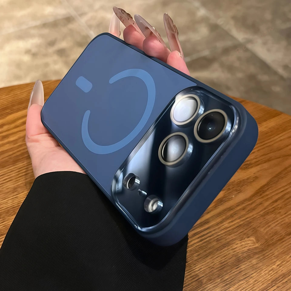 Magnetic phone case with large camera window, navy finish, and raised camera guards.