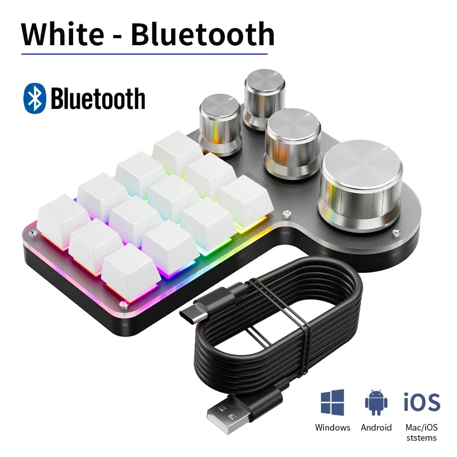 White mechanical keypad with RGB keys, three metallic knobs, Bluetooth cable