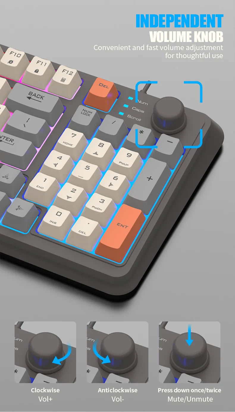 94-key RGB keyboard showing independent volume knob control and volume indicator icons