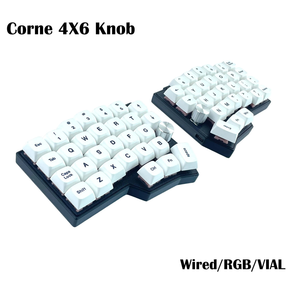 Corne 4x6 split keyboard with white keycaps and rotary knob