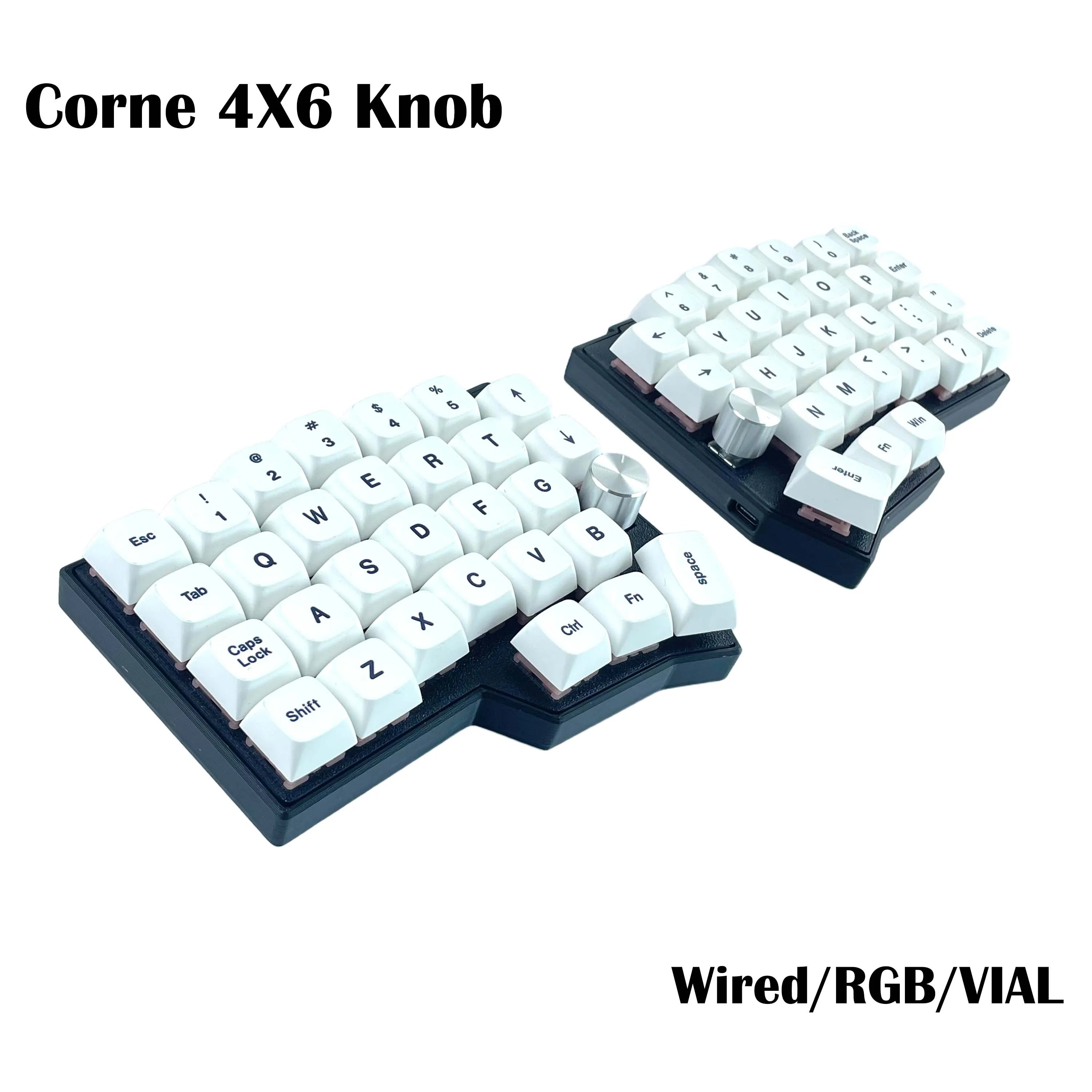 Corne 4x6 split keyboard with white keycaps and rotary knob