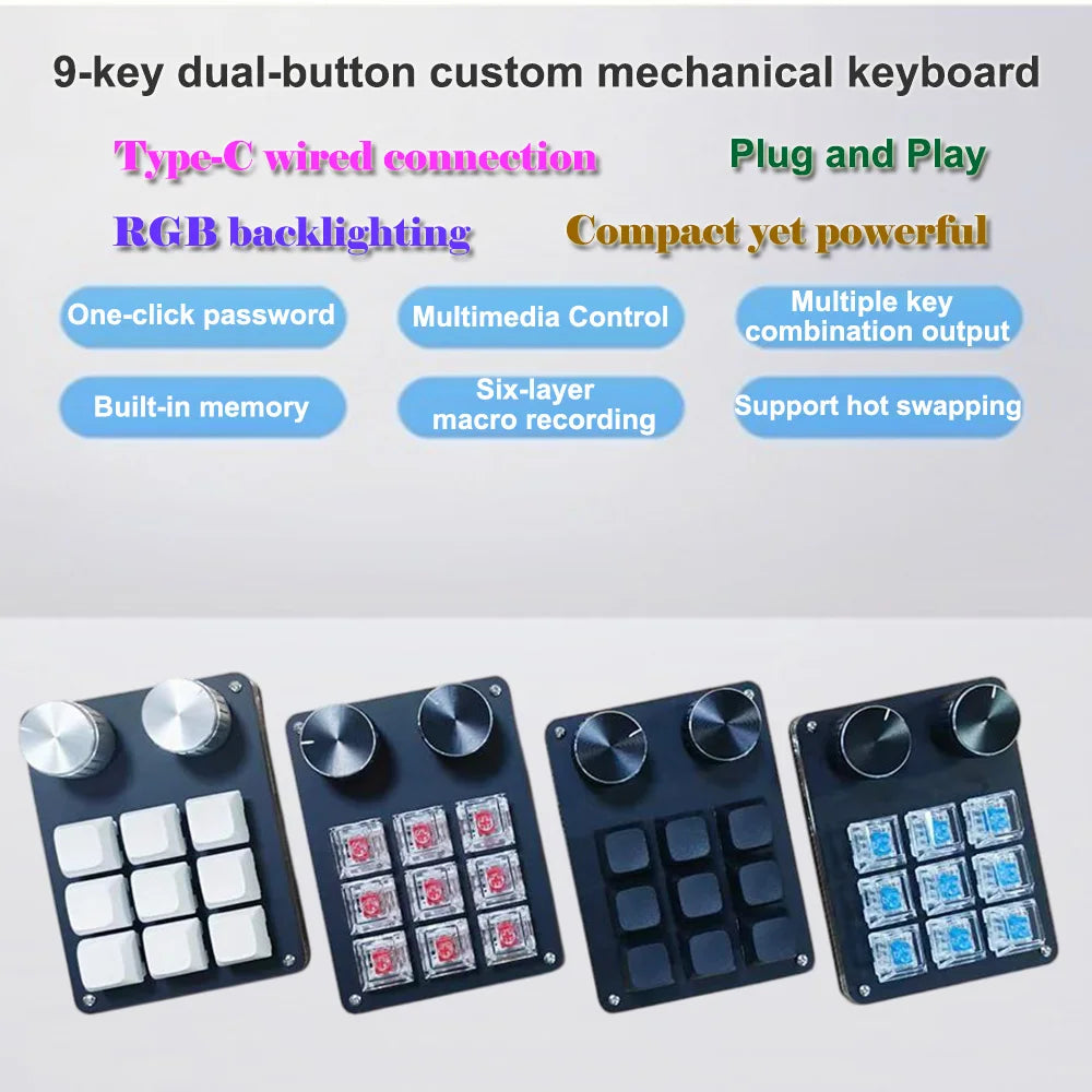 Set of compact 9-key macro keyboards with dual knobs and RGB backlighting, four versions