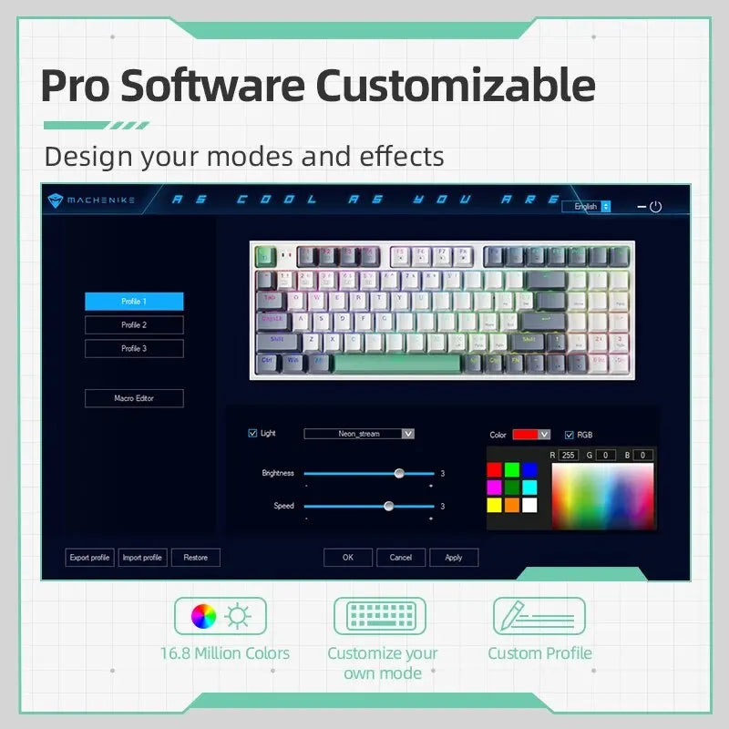 Mechanical keyboard with customizable RGB effects on the keycaps