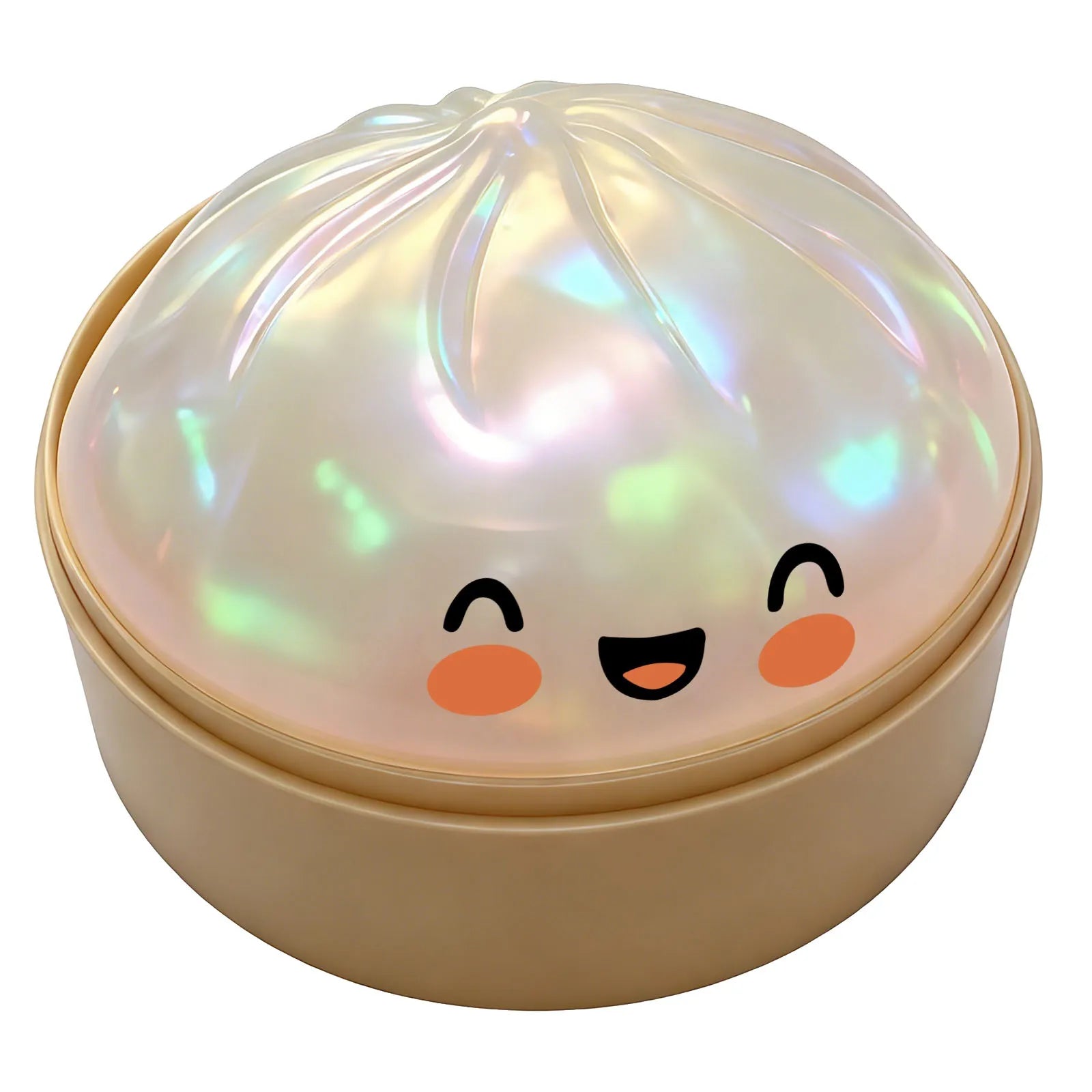 Close-up iridescent glitter steamed bun squishy with cute face in round beige case