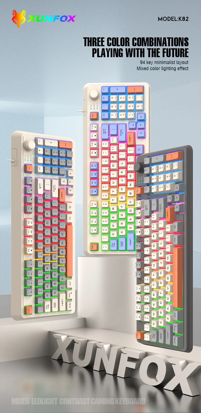 94-key RGB keyboard with multicolor key legends and volume knob, compact layout