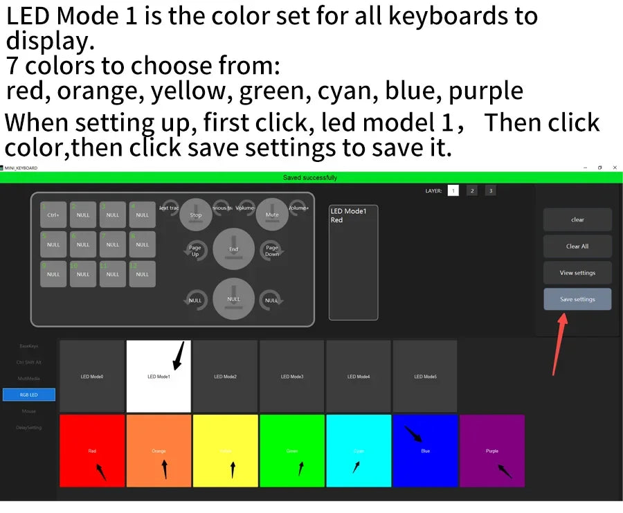 RGB mechanical keypad control screen showing seven-color key lighting options