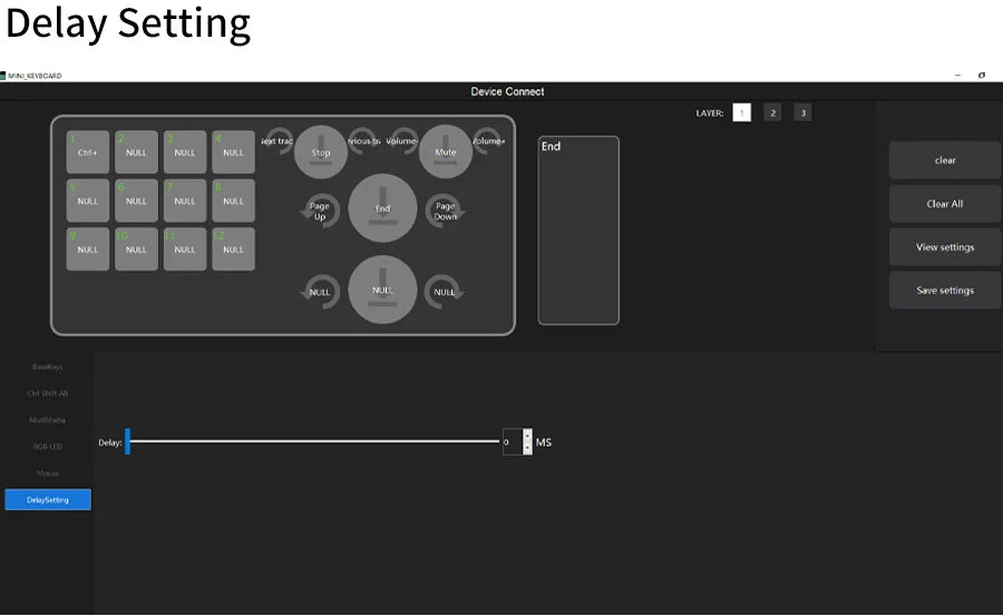 Mechanical keyboard delay setting screen with slider and save options