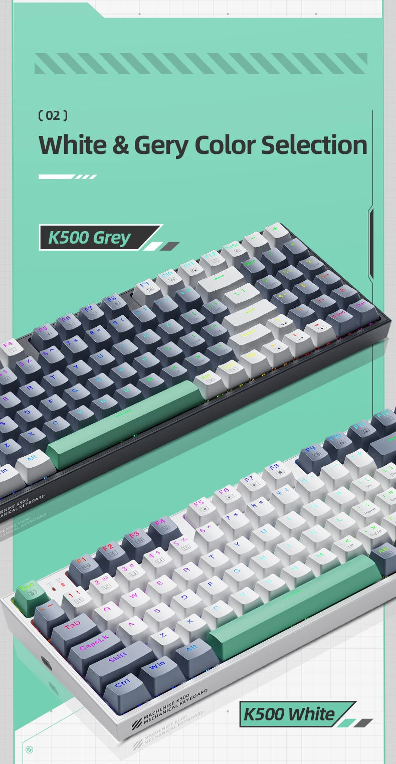 Mechanical keyboard with white and grey keycaps, RGB backlit, compact 94-key layout