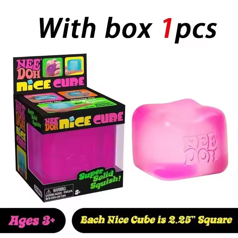 Pink sensory stress relief fidget cube with embossed Nice Do logo, 1-pack packaging.
