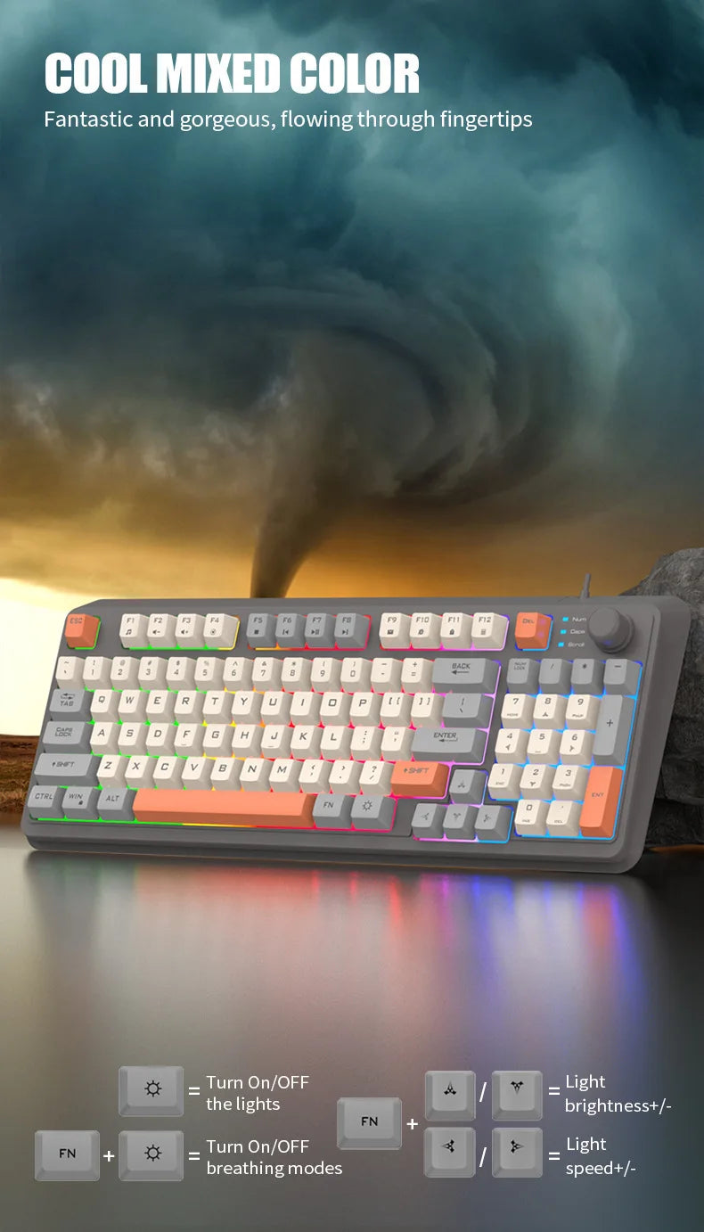 94-key 90% layout wired RGB keyboard with multicolor keycaps and function keys