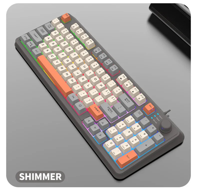 90% layout wired RGB keyboard with white keycaps and multicolor backlighting, volume knob.