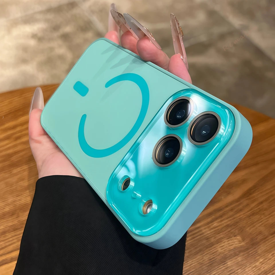 Magnetic phone case with large camera window, teal finish, and raised camera protection.