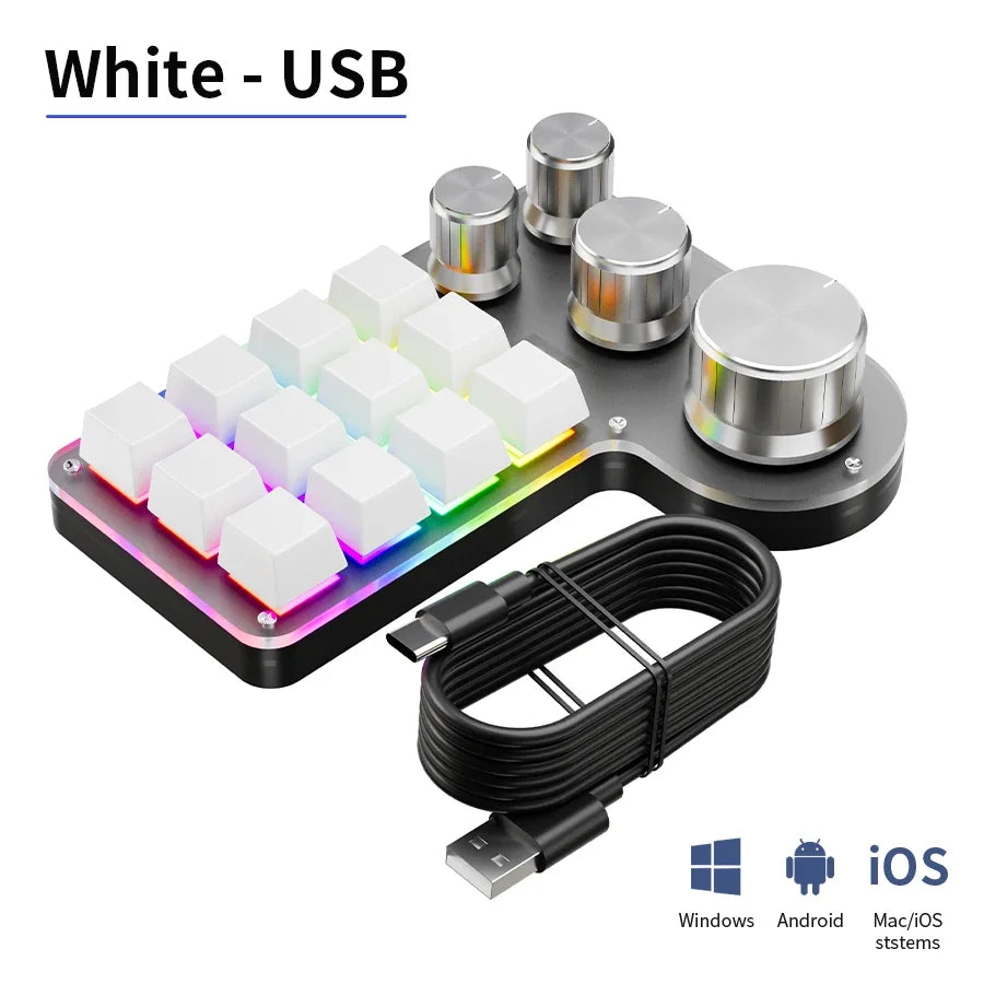 White mechanical keyboard with RGB keys, 4 metal knobs, and bundled USB cable