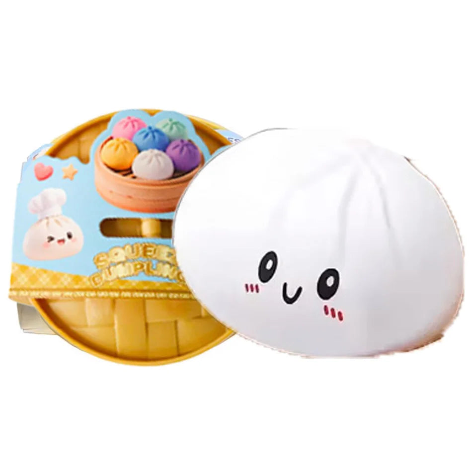 White squishy dumpling character with smiling face next to packaged set