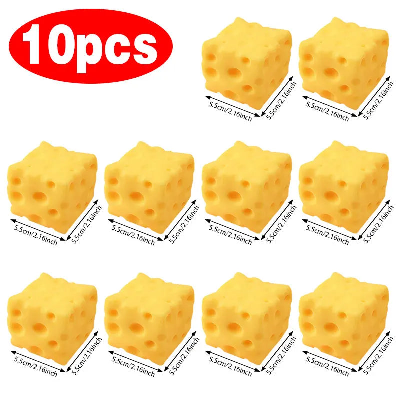Cheese squishy toy set of 10 small yellow cheese block wedges with holes