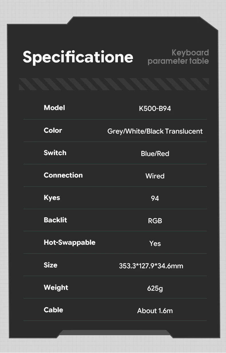 Mechanical keyboard specifications table showing wired RGB 94-key and hot-swappable details
