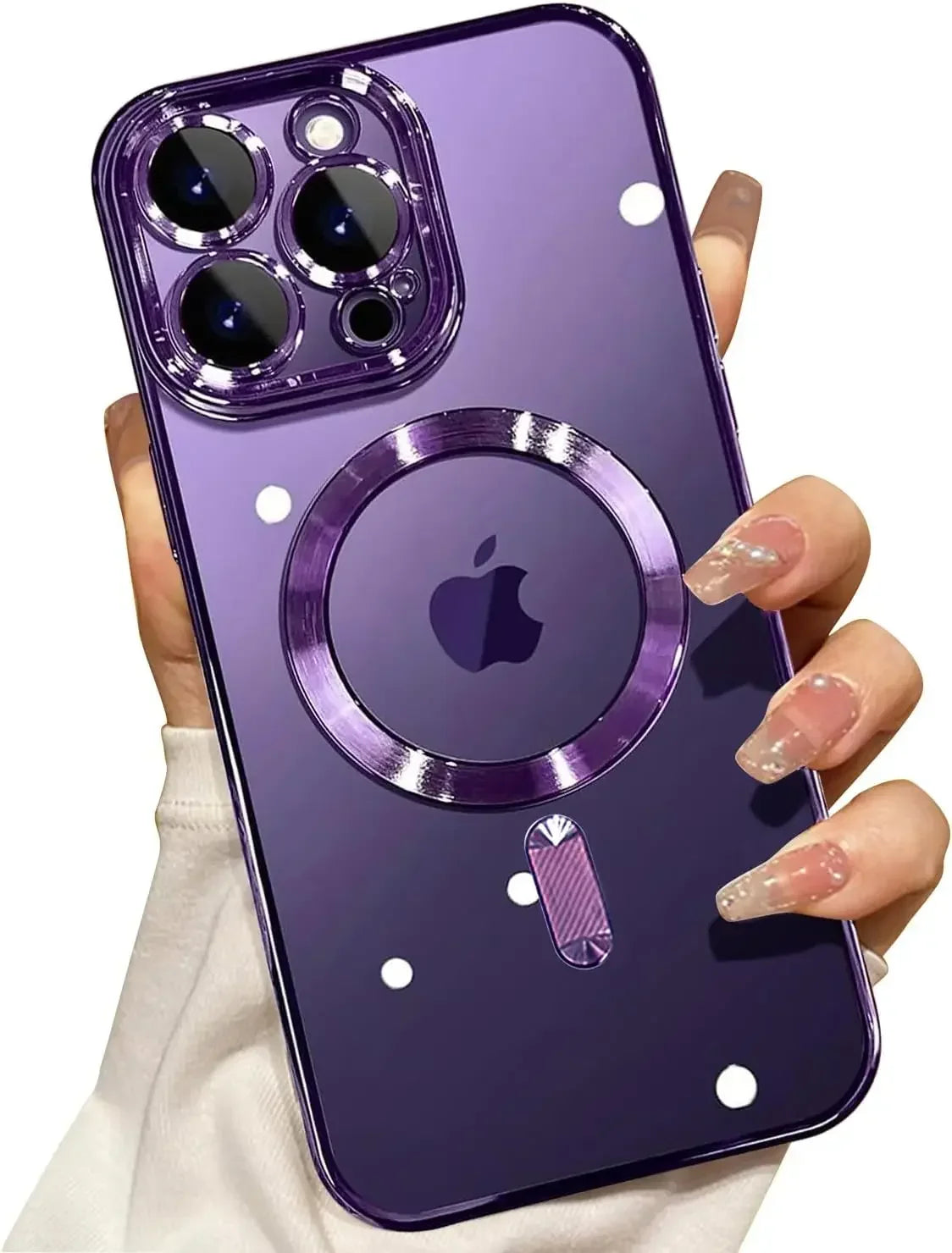 Dark purple magnetic wireless charging phone case with camera lens protector and metal ring