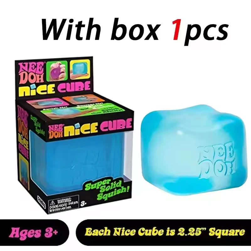 Blue sensory stress relief fidget cube with embossed Nice Do logo, 1-pack packaging.