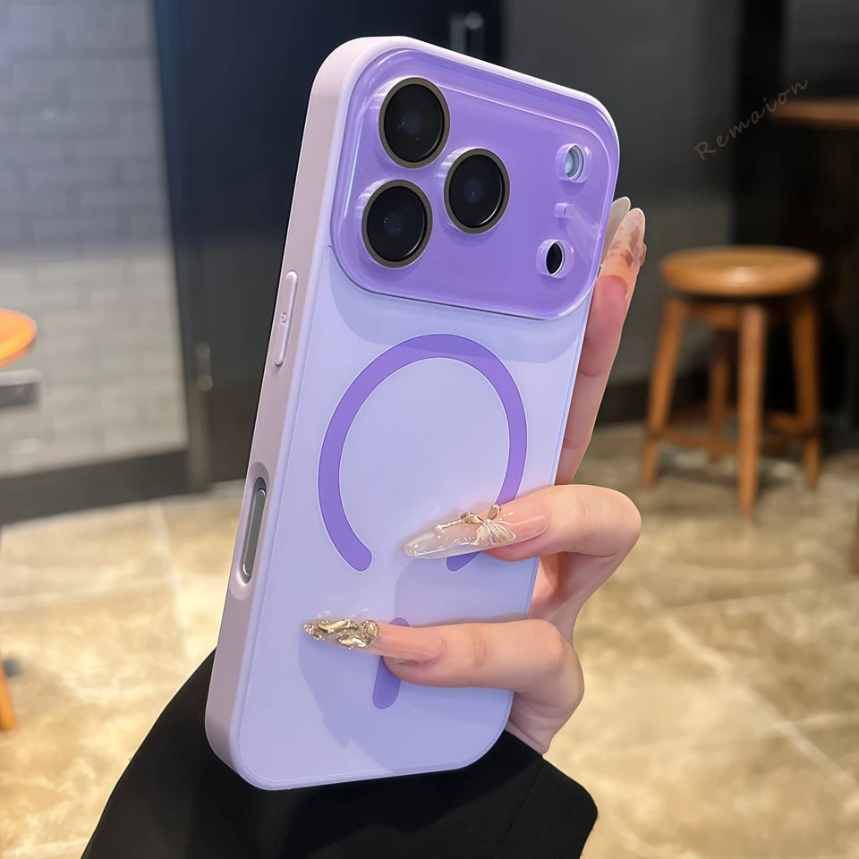 Magnetic phone case with large camera window, lilac finish, and raised camera guards.
