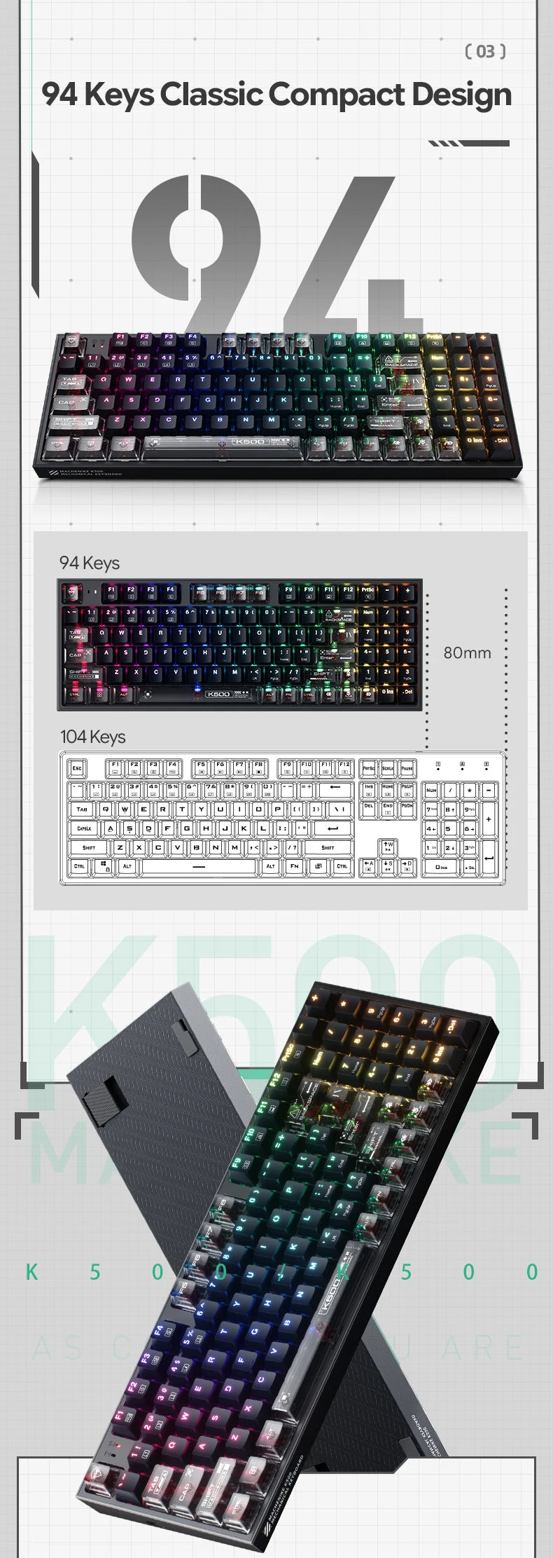 94-key mechanical keyboard with compact layout, RGB backlit keys shown with diagrams