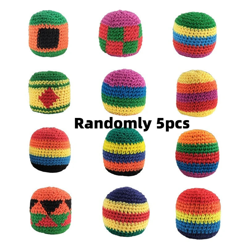 Handmade knitted footbag set of 5, multicolor striped crocheted balls