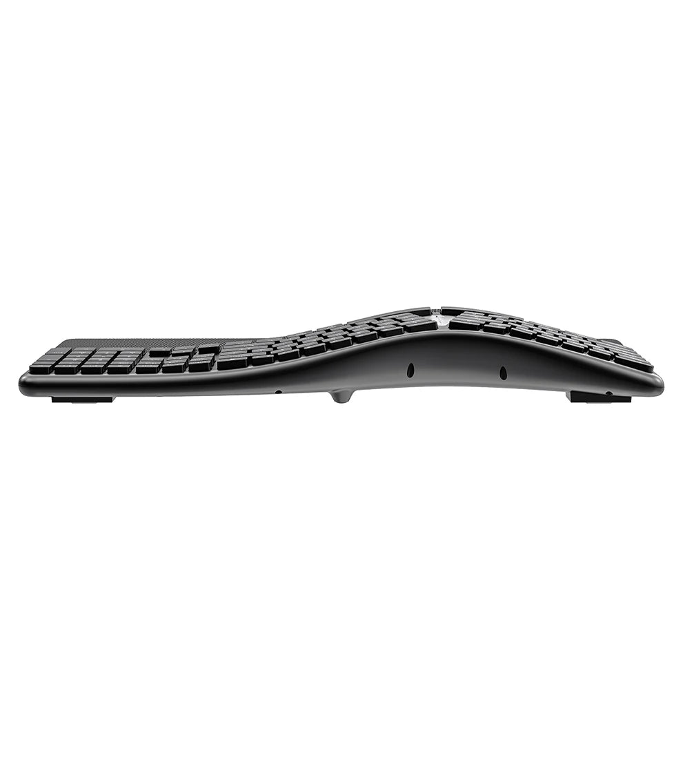 Ergonomic black keyboard side profile with cushioned palm rest, curved typing angle
