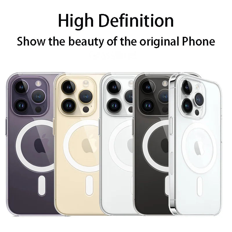 Set of transparent iPhone MagSafe cases shown in multiple phone colors