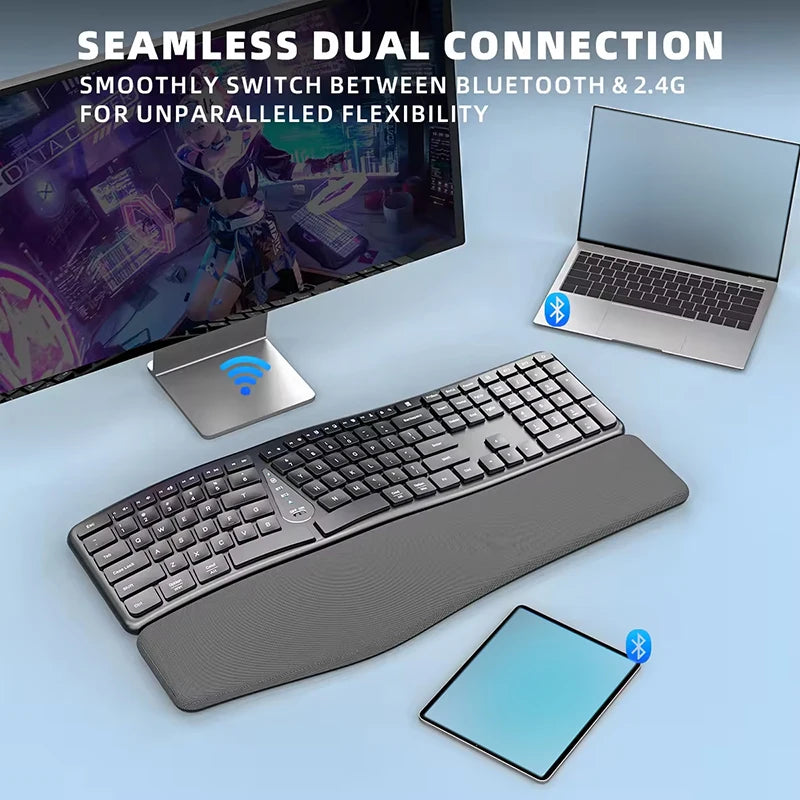 Black ergonomic wireless keyboard with integrated palm rest and multi-device key layout