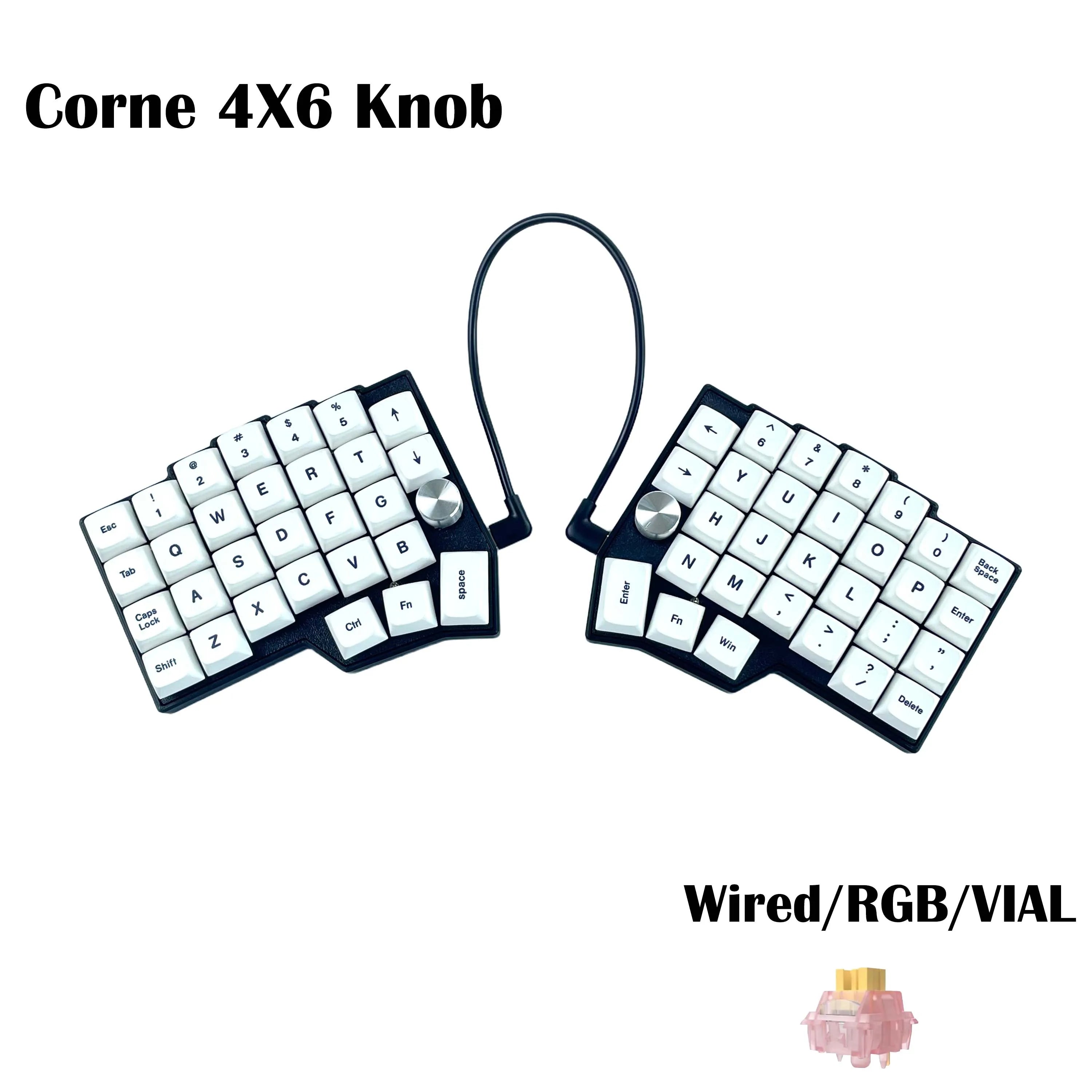 Split ergonomic wired keyboard with white keycaps, two modules, and knob caps