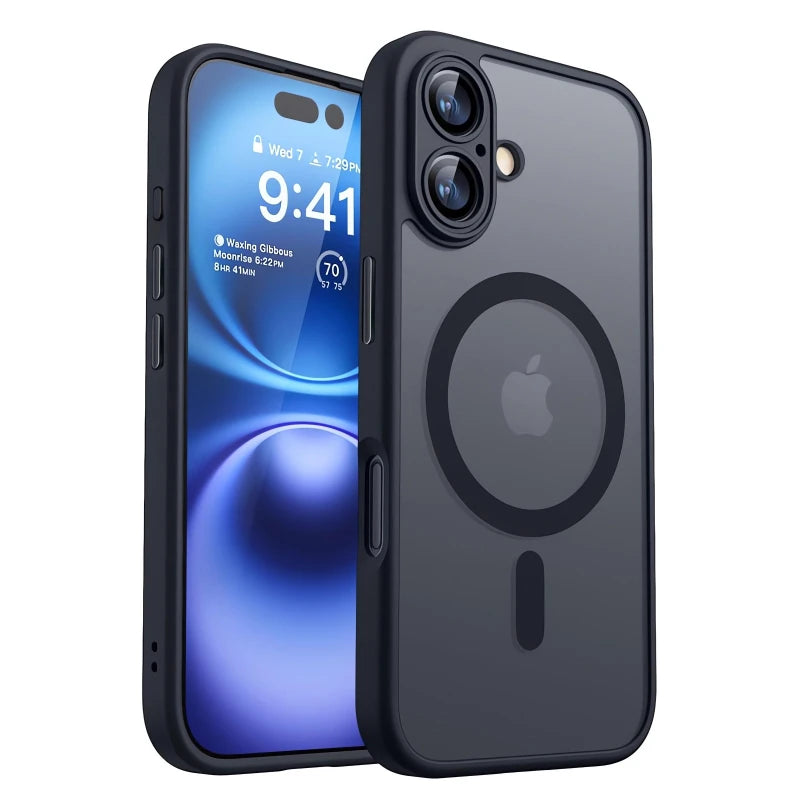 Magnetic shockproof iPhone case, black matte translucent with MagSafe ring