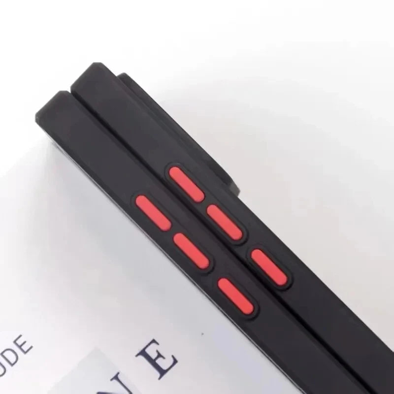 Black phone case side view with red vent-like button accents and slim profile