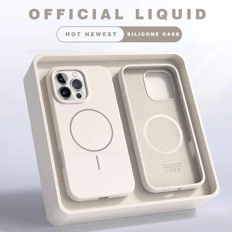 White MagSafe silicone phone case with camera cutouts and MagSafe ring, shown in packaging