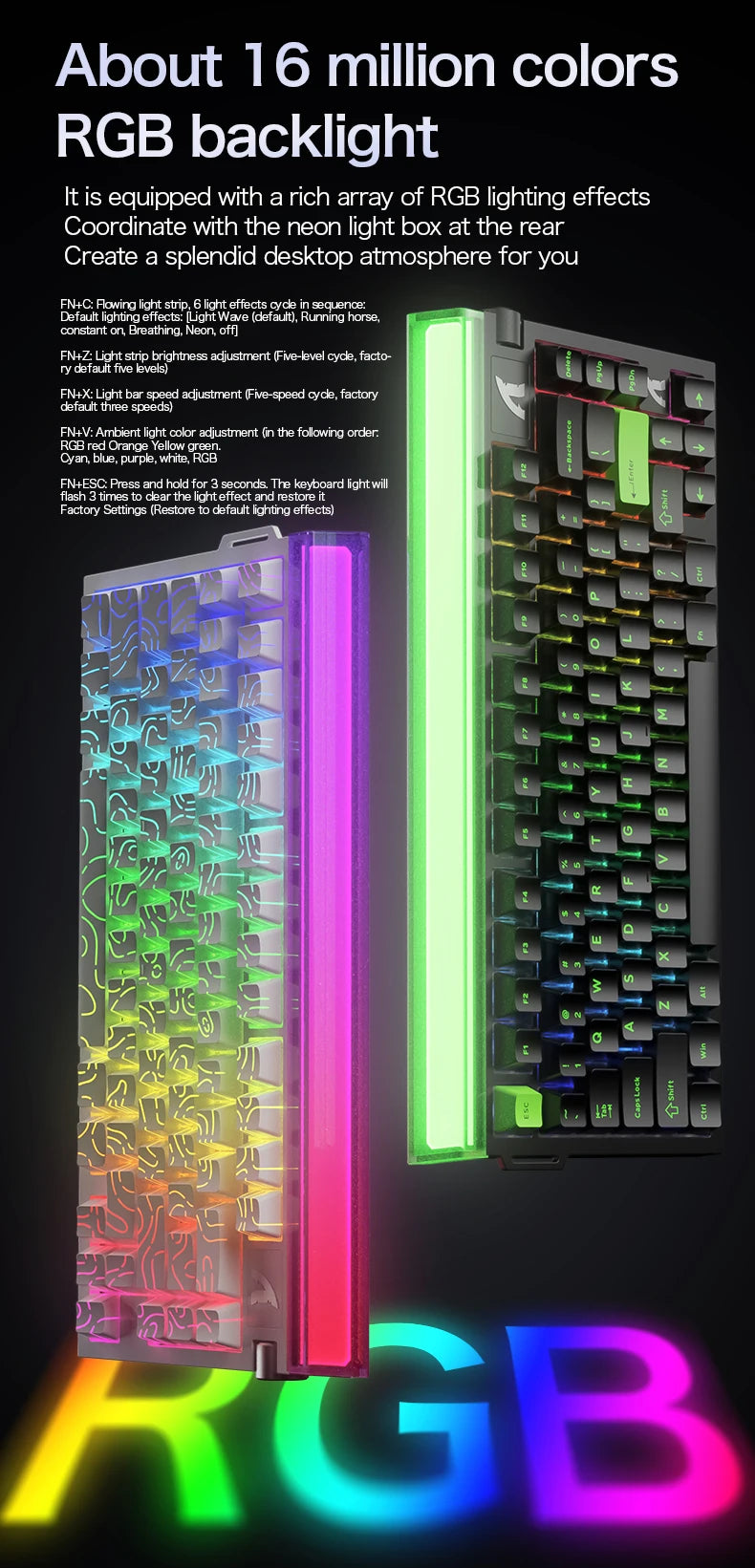 Gaming keyboard showing multi-color RGB backlight through the keycaps