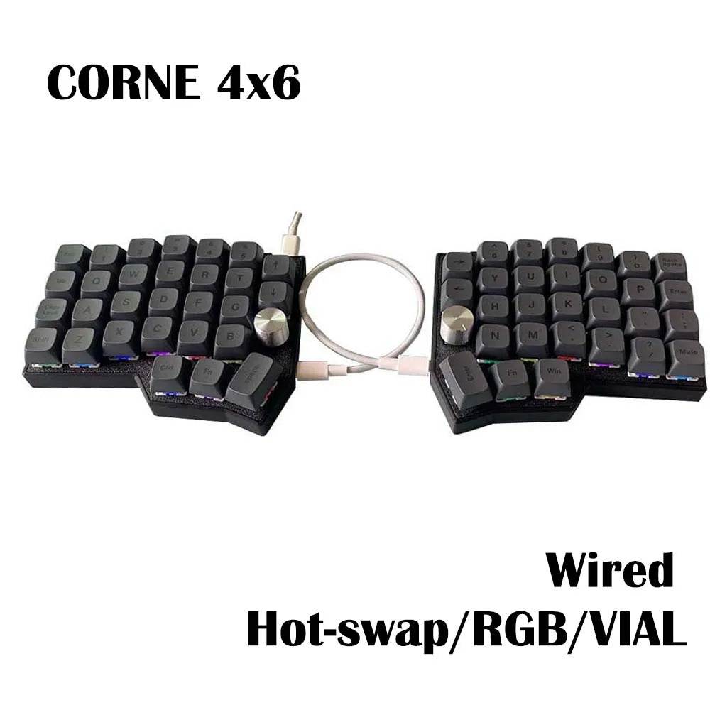 Split Corne 4x6 mechanical keyboard with black keycaps, rotary knobs, wired connection
