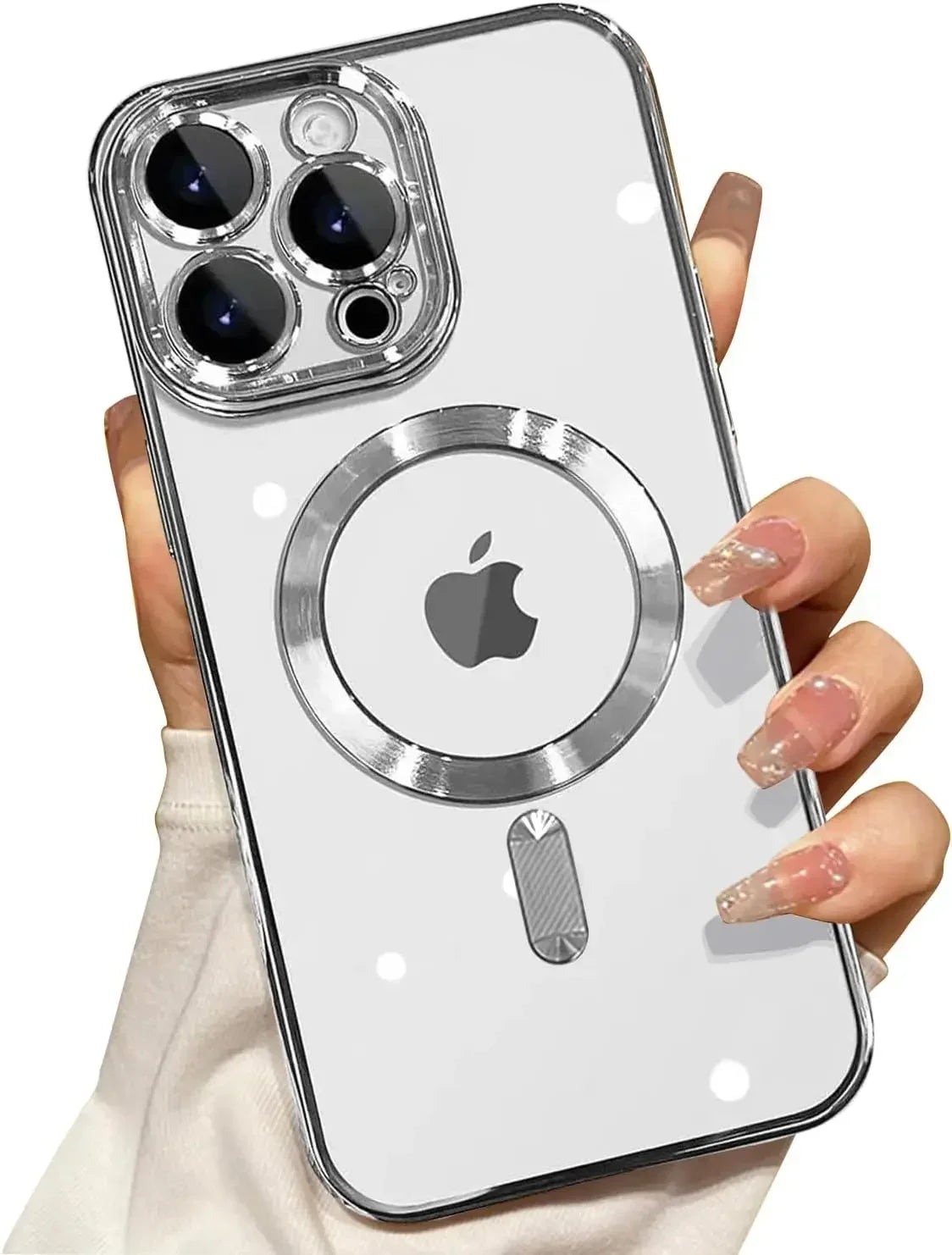 White magnetic wireless charging phone case with silver camera lens protector and ring grip