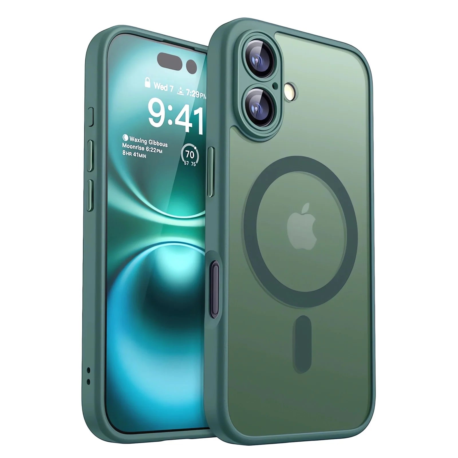 Magnetic shockproof iPhone case, matte translucent army green with MagSafe ring and cutouts