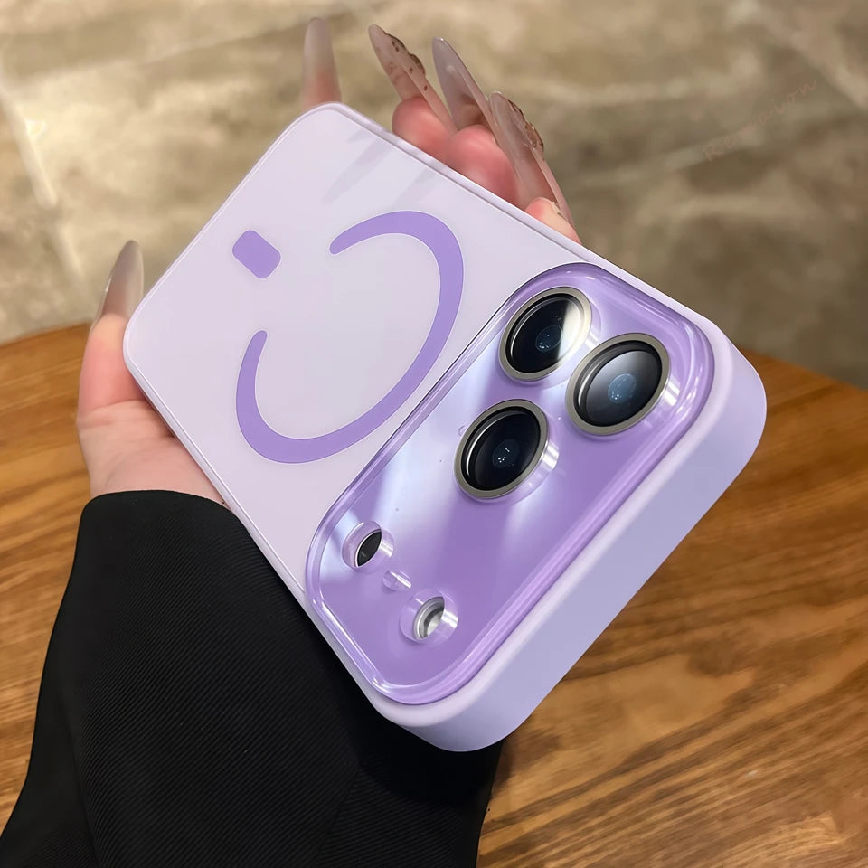 Magnetic phone case, lavender purple with large camera window and smiley-style logo