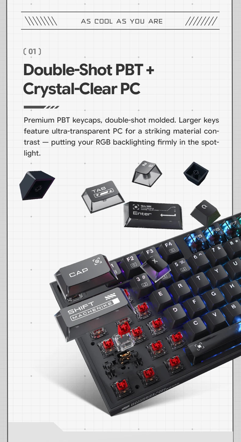 Mechanical keyboard with dark frame and RGB backlit keycaps, angled product view
