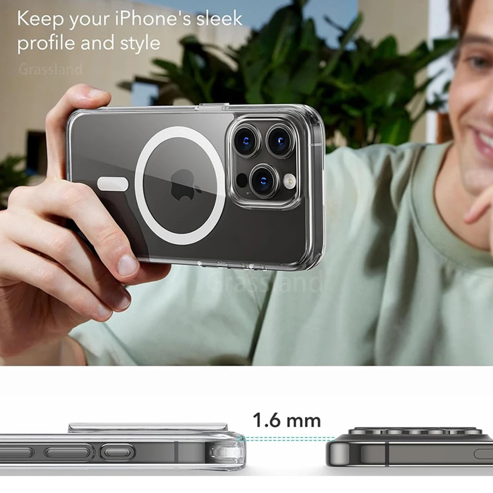 Transparent MagSafe iPhone case on a hand, showing slim profile and side buttons