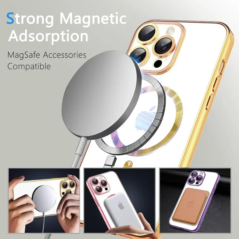 Gold magnetic wireless charge case with camera lens protector and magnetic charging ring