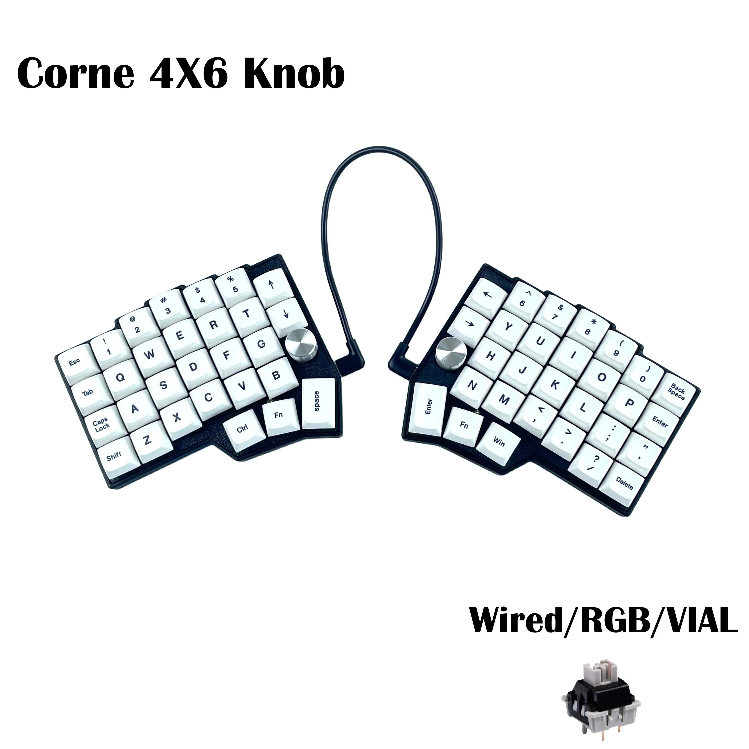 Split ergonomic wired keyboard with white keycaps, two modules, and knob caps