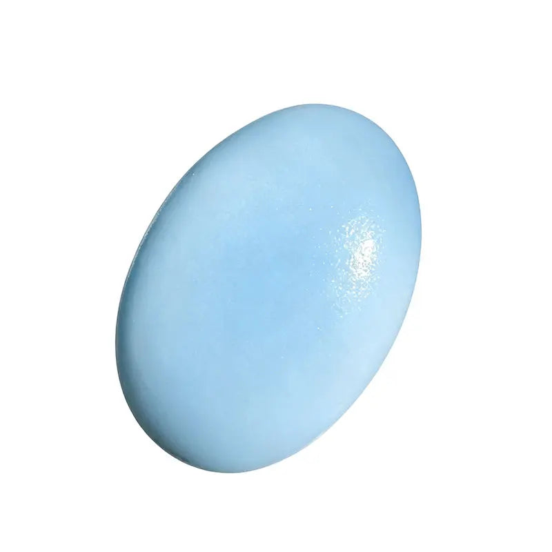 Blue oval squishy toy, smooth surface with glossy finish, slow rebound feel.