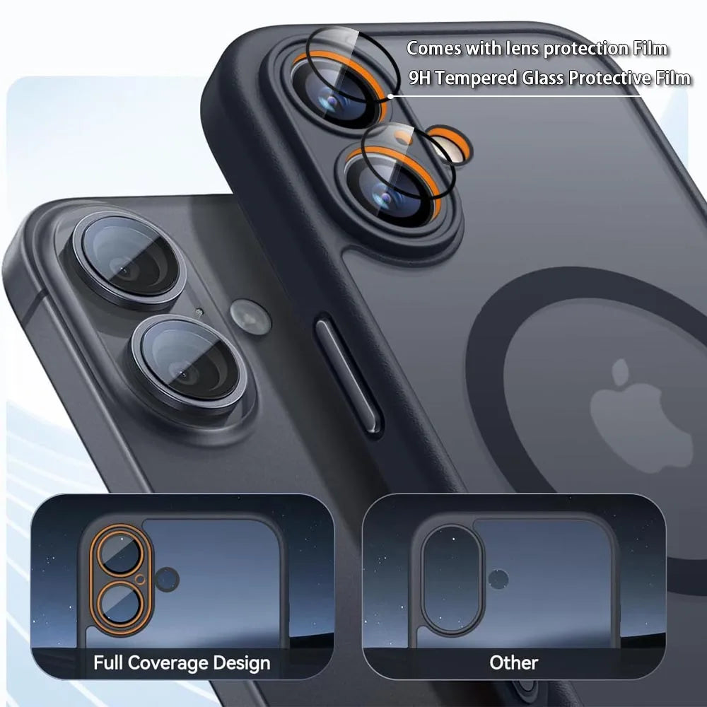 Shockproof matte translucent iPhone case with circular ring logo and raised camera lens protectors